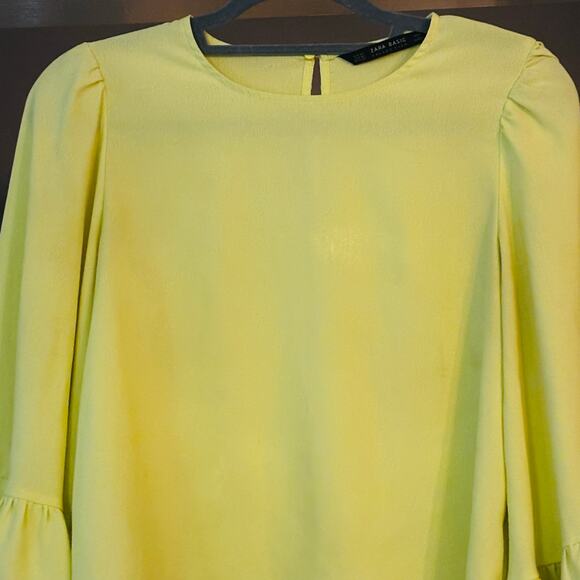 Zara Chartreuse Popover Blouse Ruffle Butterfly Sleeve Bright Cheery XS - Picture 7 of 9
